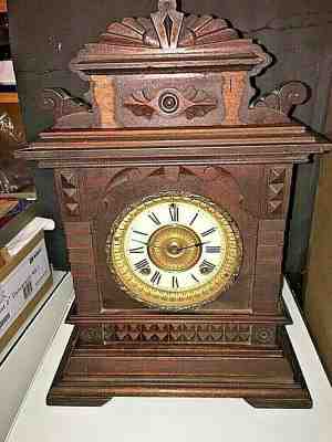 Antique JUNE 189 1882 Ansonia Carved Oak Syria 8-Day Mantel Clock - Parts Repair