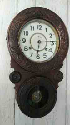 Meiji Japanese Figure 8 Wall Clock Circa 1910 Hand Carved Case Rare example