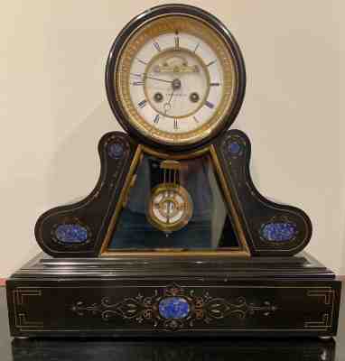 WONDERFUL ANTIQUE TIFFANY & CO. INLAY LAPIS & SLATE / MARBLE FRENCH CLOCK NICE !