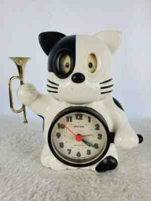 Vintage Rhythm Japan Clock Black White cat rise and shine w/ Trumpet works