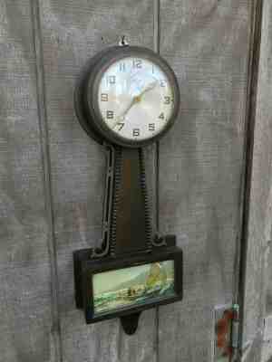 Vintage Gilbert 1807 Wind Up Banjo Clock Nautical Scene Runs Well FB08