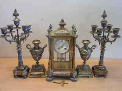 Antique French Medaille d'Argent Bronze Champleve enameled Clock & Garniture set