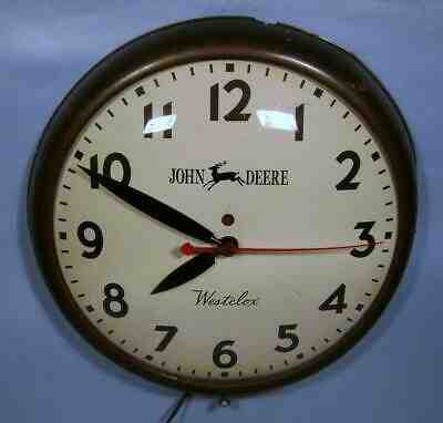 RARE 1930's JOHN DEERE HUGE 15" WIDE ADVERTISING WALL CLOCK by WESTCLOX - WORKS!