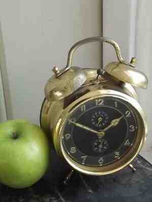 Vintage 60s Nightstand 7"H Brass Wind-up Bell Alarm Clock Western Germany Works