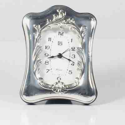 Vintage Sterling Silver Italian Desk Clock Wood Backing Hallmarked Firenze 1338