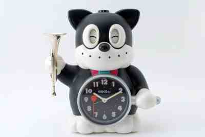 Vintage Rhythm Black Cat Talking Alarm Clock w/Bugle Norakuro [Read] From Japan!