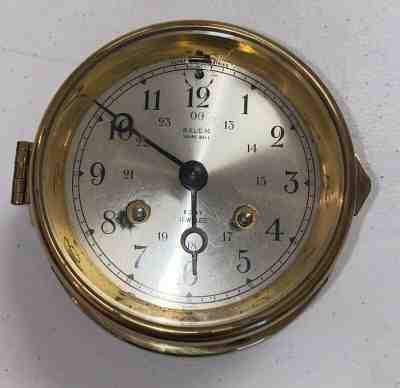 Vintage SALEM SHIPS BELL 8 DAY JEWELED SMALL BRASS CLOCK Wind Clean 4”