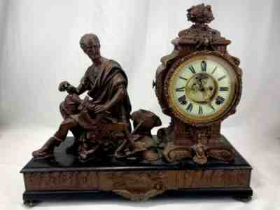 Ansonia Figural Mantle Clock Greek Figure Ornate Mechanical Brass Cast Iron Key