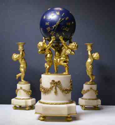 Stylish Spherical Gilt Bronze Cherubs n Marble Clock Set w Candlesticks 19C