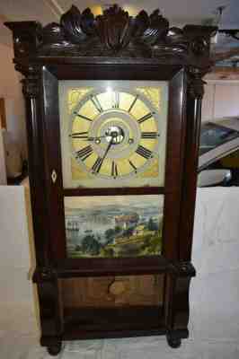 ANTIQUE AMERICAN FORESTVILLE MANUFACTURING CO. BRASS MOVEMENT CARVED TOP CLOCK