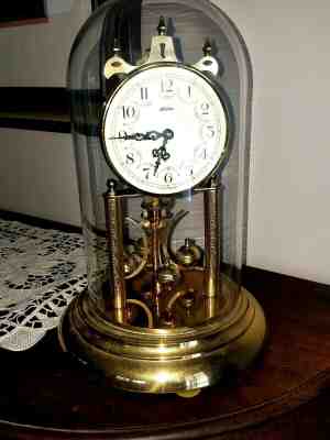 Vtg GORGEOUS GERMAN BRASS SIEGFRIED HALLER 400 DAY ANNIVERSARY MANTLE CLOCK dome