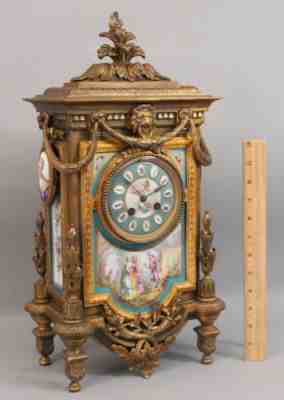 19thC Antique French Mourey Gilded Bronzed Spelter 7 Porcelain Paintings Clock