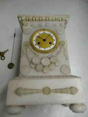 Antique French 8 Day Alabaster & Gilt Metal Ornate Silk Thread Mantle Clock