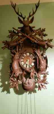 ANTIQUE BLACK FOREST MUSICAL HUGE CUCKOO CLOCK ~STAG, RABBIT, RIFLE, HUNT SCENE~