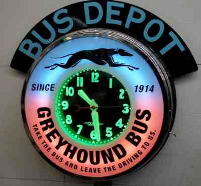  22" neon clock,Greyhound Bus.  By. Curtis