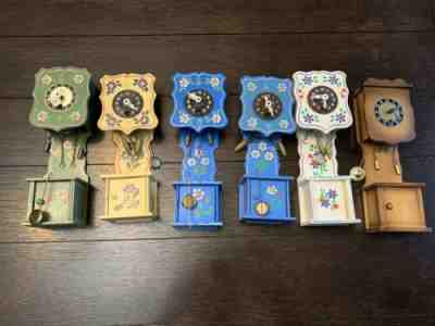 Set of 6 Vintage German Mini Floral Grandfather Clocks. Linden Blackforest EUC