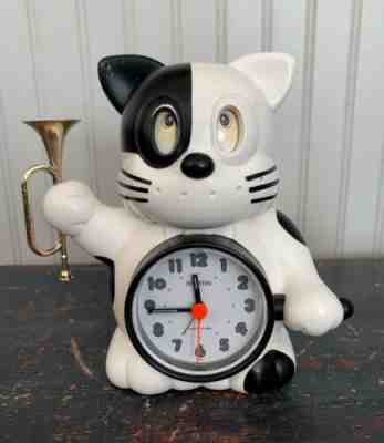 Vintage Rhythm Japan Clock Black White Cat Rise and Shine w/Trumpet