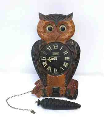 Vintage 1940's Poppo Tezuka Owl Moving Eyes Clock Repair for Parts Wooden Japan