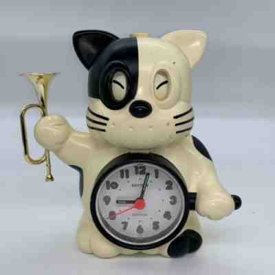 Rhythm Talking Reveille Bugle Cat Alarm Clock Japan Talks White Black working.