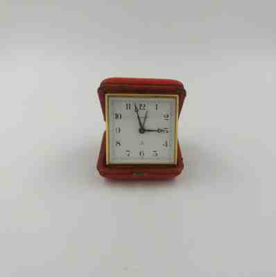 Vintage Swiss Made 3" BUCHERER Red Clam Shell 8 Day Travel Alarm Clock-Works