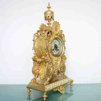 French MARTI Antique Mantel Clock 1880's GILDED BRONZE Chime Neuchatel Console!