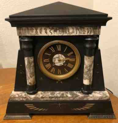 Edward Kaltenbach Paris Black Onyx Marble Antique Mantel Clock Egypt Engraving