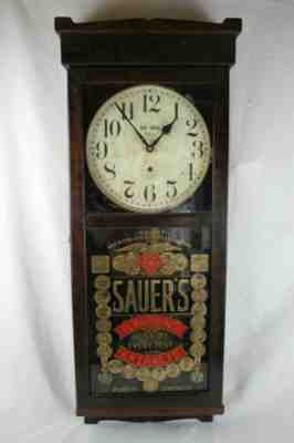 Antique NEW HAVEN WALL REGULATOR ADVERTISING CLOCK SAUER'S FLAVORING 7 EXTRACTS