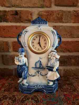 Antique Blue Delft Porcelain Table clock with Mercedes movement from 1960