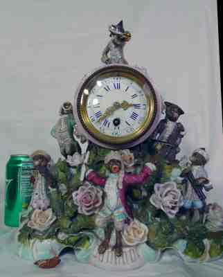Antique German Sitzendorf Porcelain Monkey Band Shelf Mantel Clock 