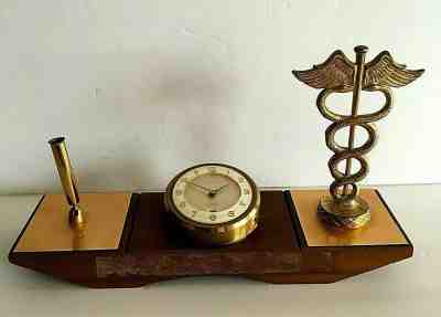Vintage Mid Century Modern Doctors Desk Set Clock & Pen Holder & Caduceus