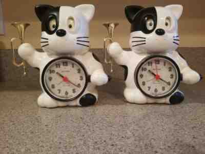 Vintage Rhythm Cat Alarm Clock Japan Black and White lot of 2