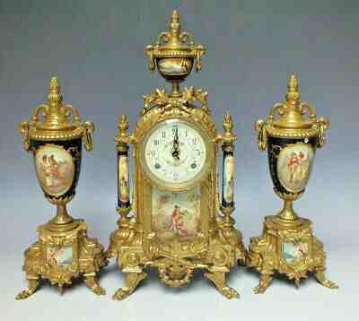 Gorgeous French Porcelain victorian scene Clock set candelabras urns FHS 