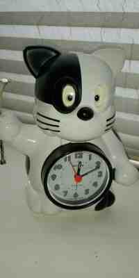 Vintage Rhythm Alarm Clock Black&White Cat Rise And Shine Trumpet Norakuro Japan