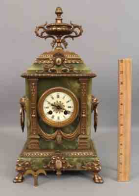 Antique Circa 1900, Green Agate & Bronze  Mantle Clock, Urn Finial Lion Heads NR