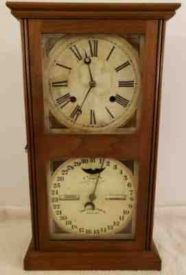 Antique 1874 ITHACA Double Dial Walnut Calendar Mantel Clock "No. 10 Farmer's"