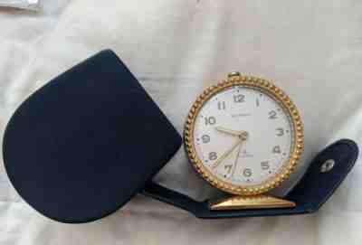 Elegant Bucherer 8 Day Travel Alarm Clock Swiss Leather Case