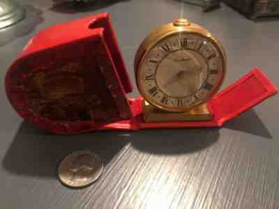 *EXTREMELY RARE* Vintage BUCHERER 2” round Travel Alarm Clock Red Case