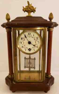Antique German Brass & Beveled Glass Crystal Regulator Clock Wood Top & Columns