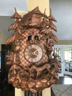 HUGE VINTAGE HUBERT HERR 8 DAY MUSICAL CUCKOO CLOCK FOXES OWL SQUIRREL 