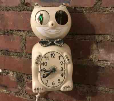 Kit Cat Klock White Jeweled Vintage Electric Works-Parts Missing Cute Cute Kitty