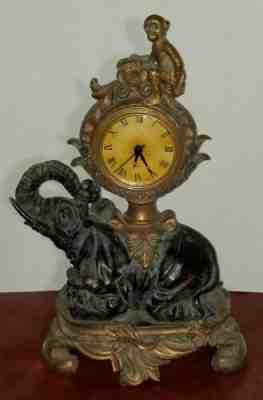 MAITLAND SMITH Elephant Monkey Mantle Clock VINTAGE Nice Patina WORKS Very Old