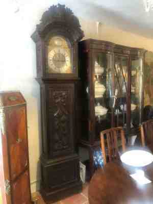 Antique Large Carved Oak 8 Day Brass Faced Musical 5 Chime Grandfather Clock.