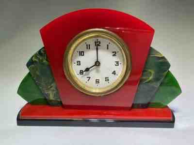 Green/Red/Black Marble Catalin Art Deco Shelf Mantel Clock 