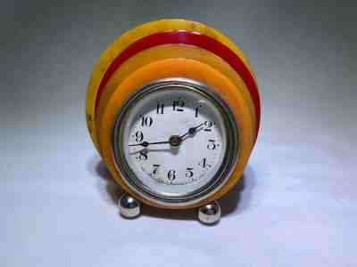 Art Deco Waterbury Catalin Bakelite Orange Yellow Red Marble Wind Up Clock