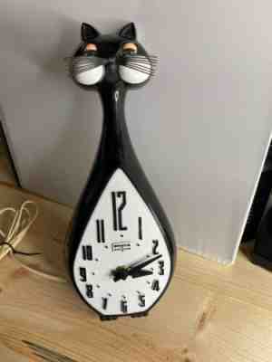 Vintage Spartus Black And White Cat Wall Clock  Missing Tail Works