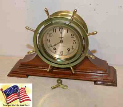 RESTORED SETH THOMAS MAYFLOWER 3 1928 ANTIQUE SHIPS BELL STRIKE CLOCK AND BASE