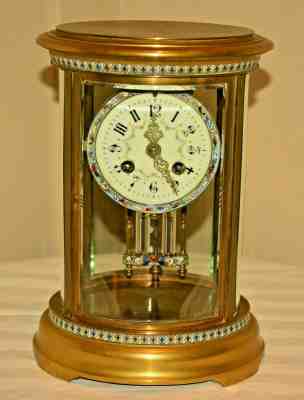 Antique French Marti Porcelain Champleve Cloisonne Crystal Glass Regulator Clock