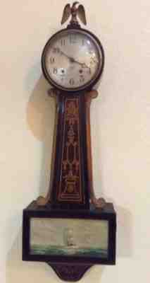 Vintage Antique Gilbert 1807 Clock Wind Up 8 Day Banjo Eagle Ship Glass Door