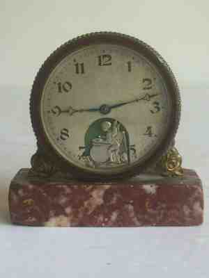 Antique Suisse Metal Dore A. I. Clock Red Marble Base SIlver Cherub Playing Drum