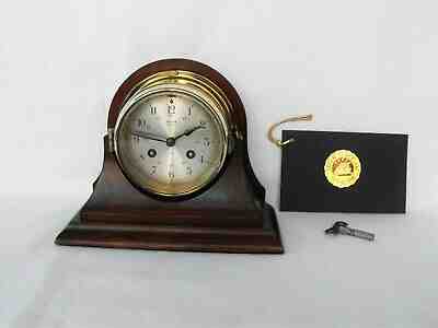 Vintage ships bell clock brass case mahogany wood 8-DAY key wind Salem Clock Co